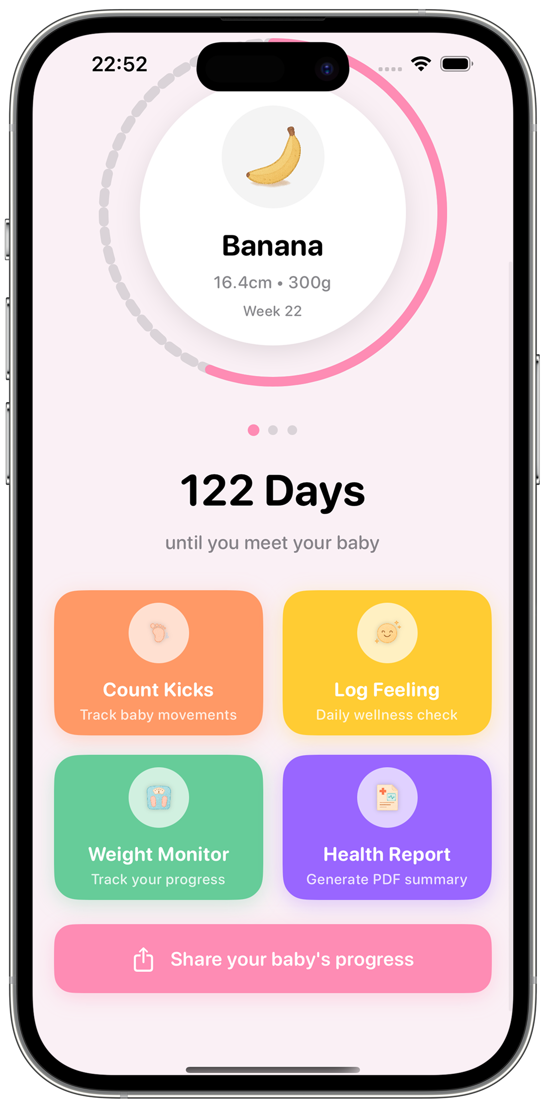 Complete pregnancy tracking tools including kick counter, development tracker, and wellness monitoring