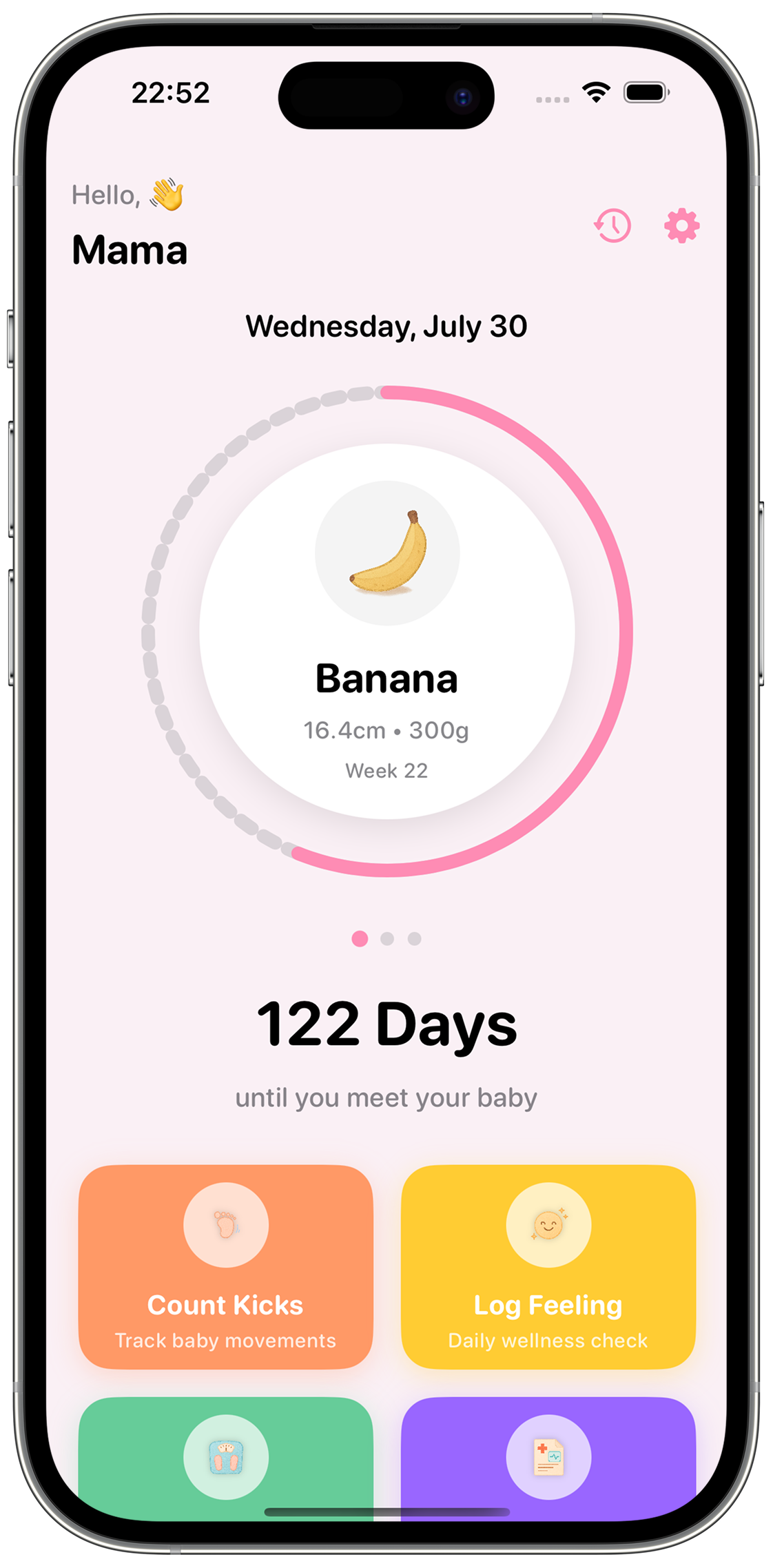 Kicksy pregnancy companion app showing comprehensive dashboard with development tracking and wellness tools