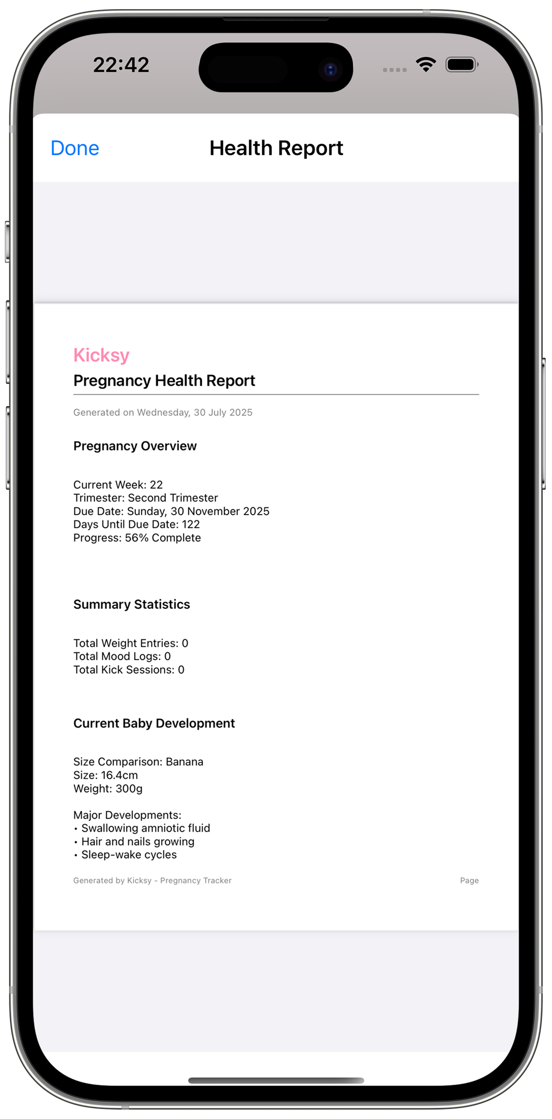 PDF health report export feature for sharing pregnancy data with doctors
